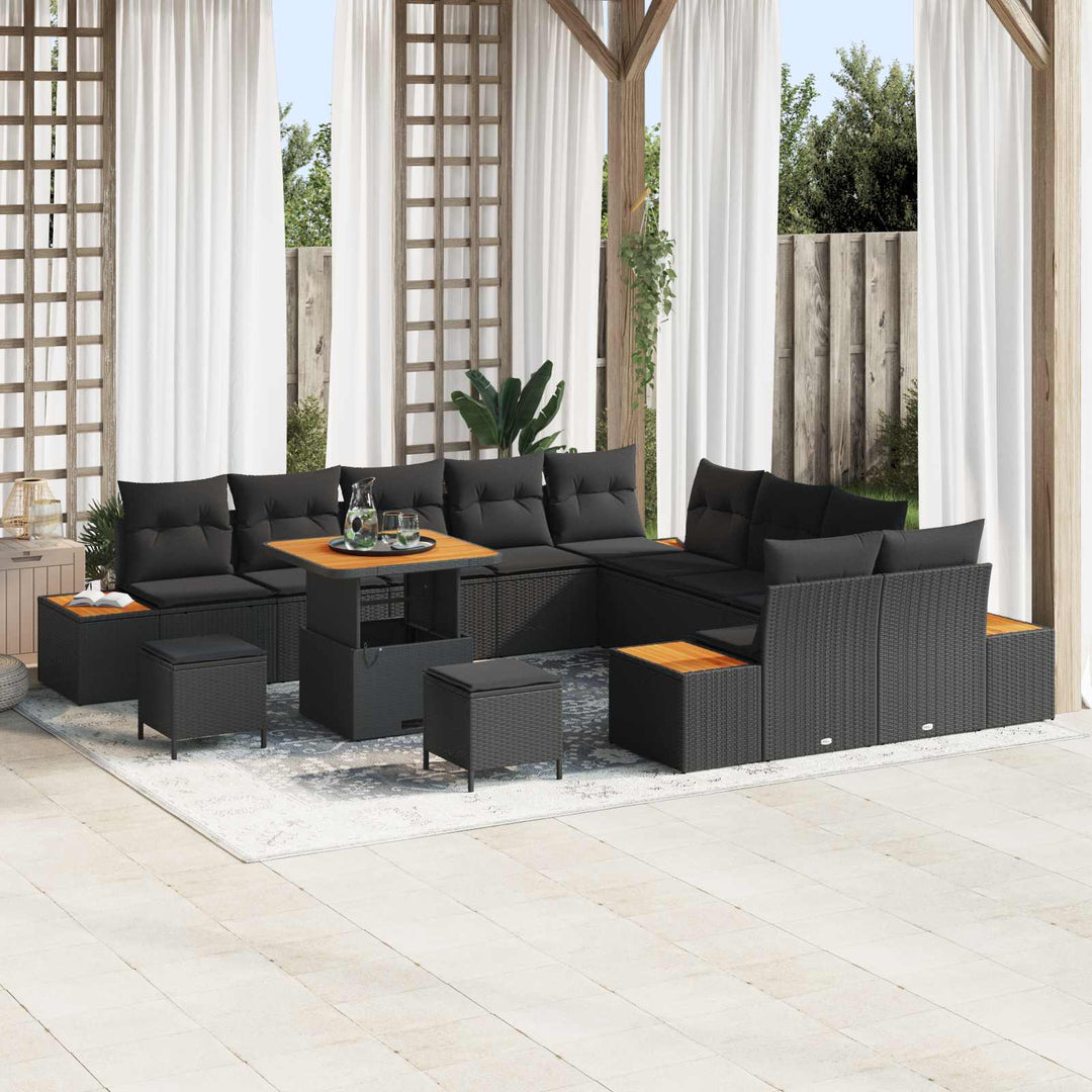 Havesofa Sæt med pude med opbevaring 13 pcs Sort Poly rattan
