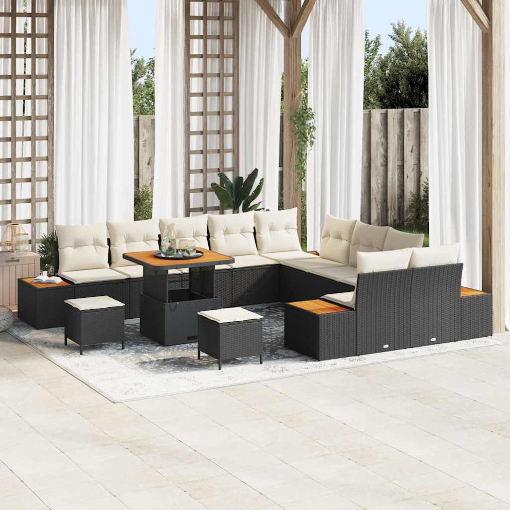 Havesofa Sæt med pude med opbevaring 13 pcs Sort Poly rattan