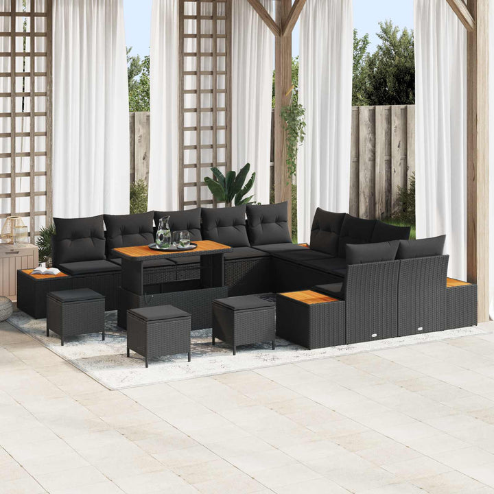 Havesofa Sæt med pude med opbevaring 14 pcs Sort Poly rattan