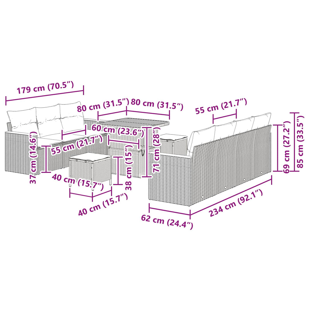 Havesofa Sæt med pude 14 pcs Sort polyrattan