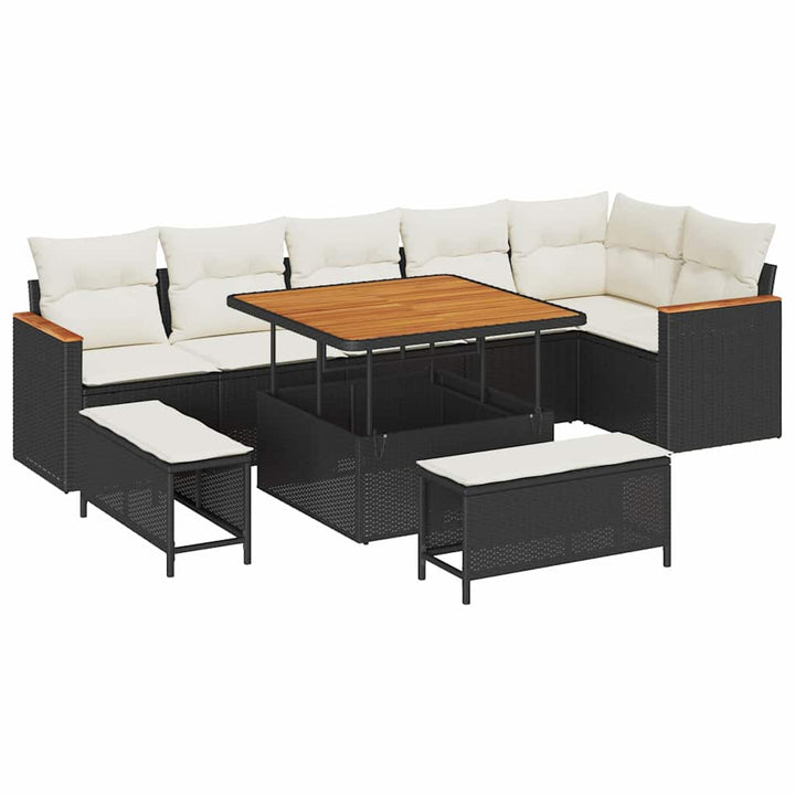 Havesofa Sæt med pude 9 pcs Sort Poly rattan