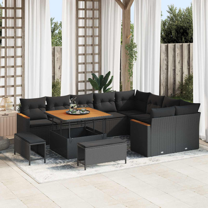 Havesofa Sæt med pude med opbevaring 12 pcs Sort Poly Rattan