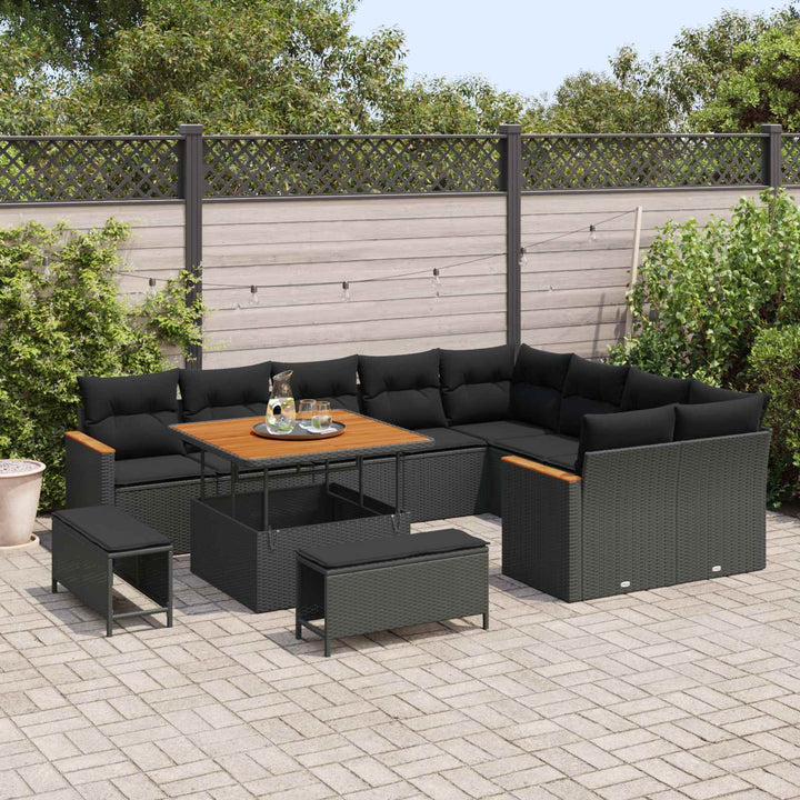 Havesofa Sæt med pude med opbevaring 12 pcs Sort Poly Rattan