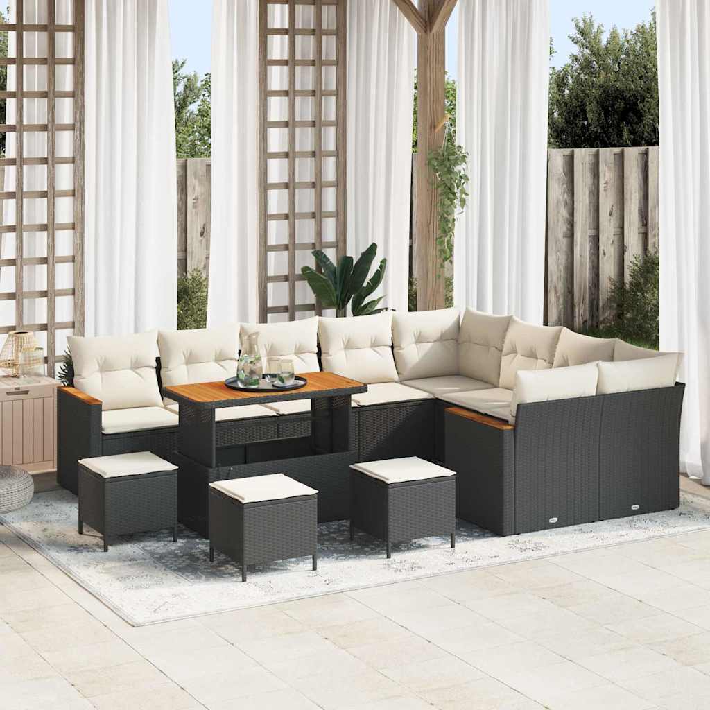 Havesofa Sæt med pude med opbevaring 13 pcs Sort Poly Rattan