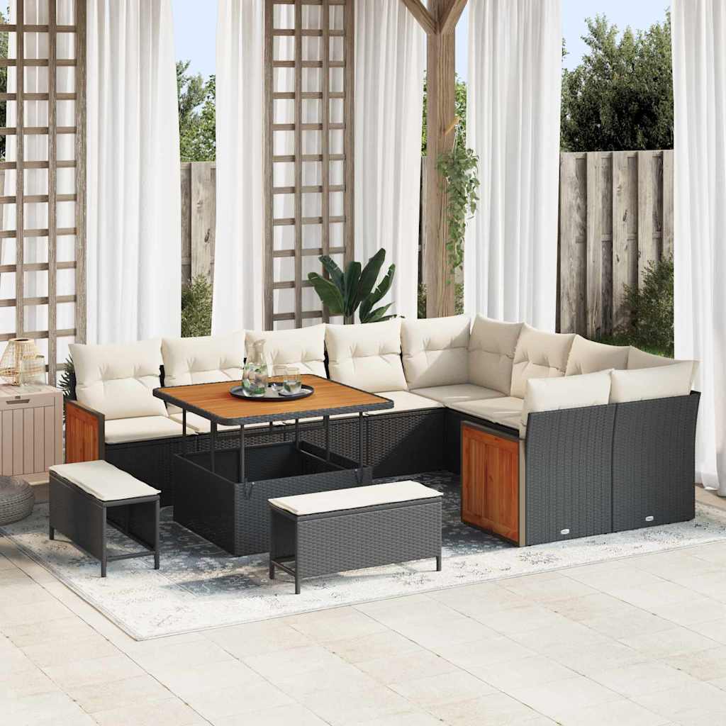 Havesofa Sæt med pude 13 pcs Sort og Cream polyrattan