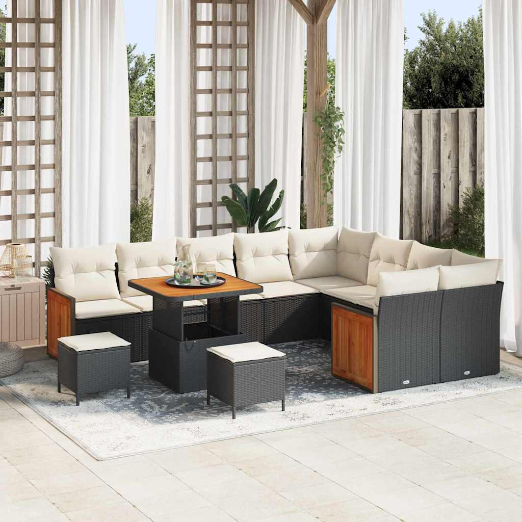 Havesofa Sæt med pude 13 pcs Sort og Cream polyrattan