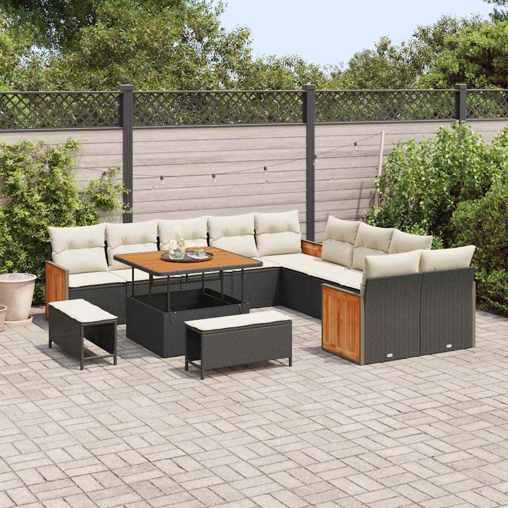 Havesofa Sæt med pude 17 pcs Sort og Cream polyrattan