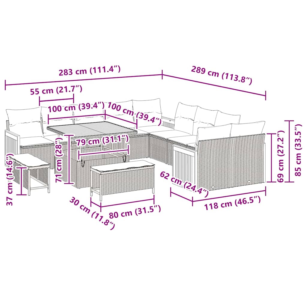Havesofa Sæt med pude 17 pcs Beige og creme polyrattan