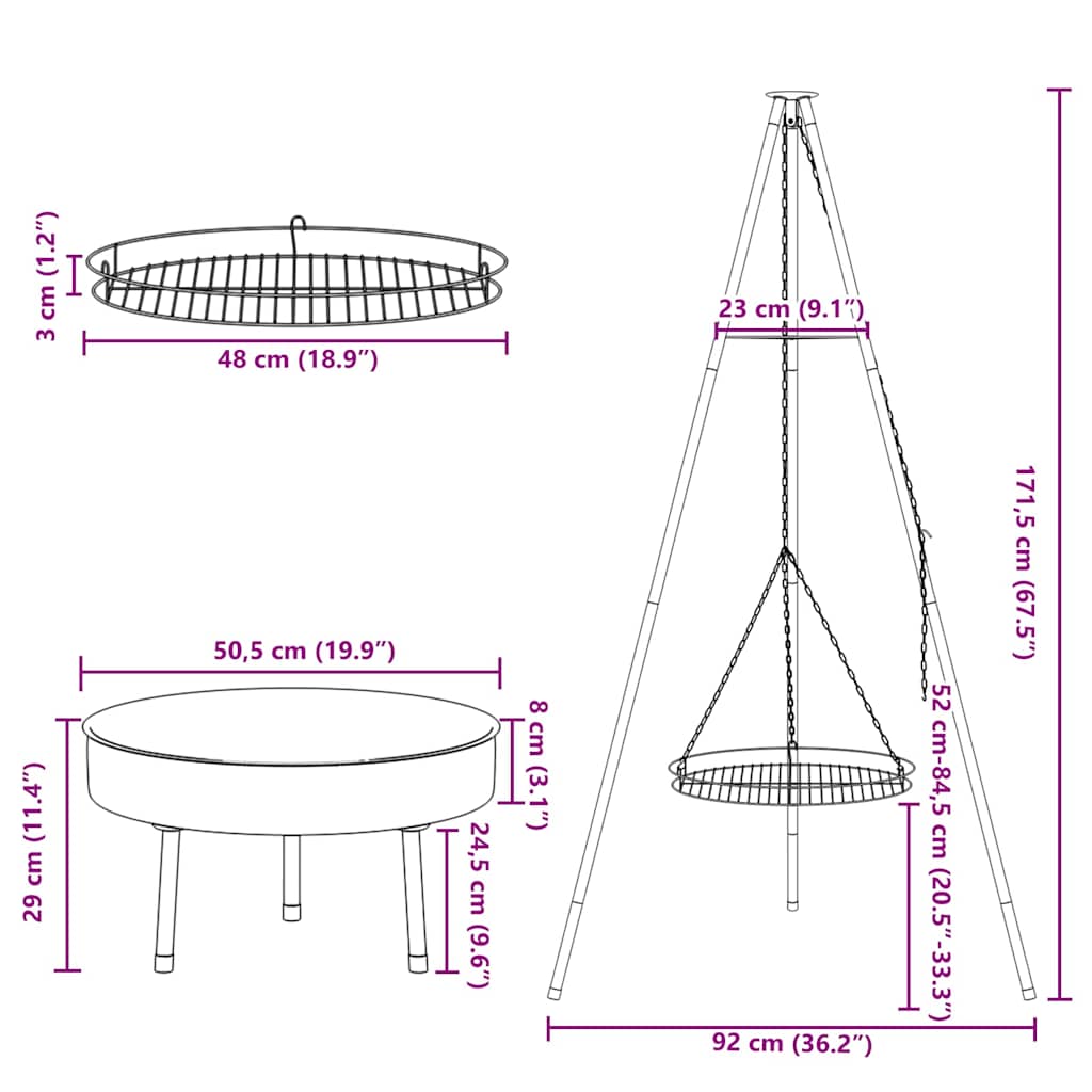 Bål tripod 3 pcs Sort Stål