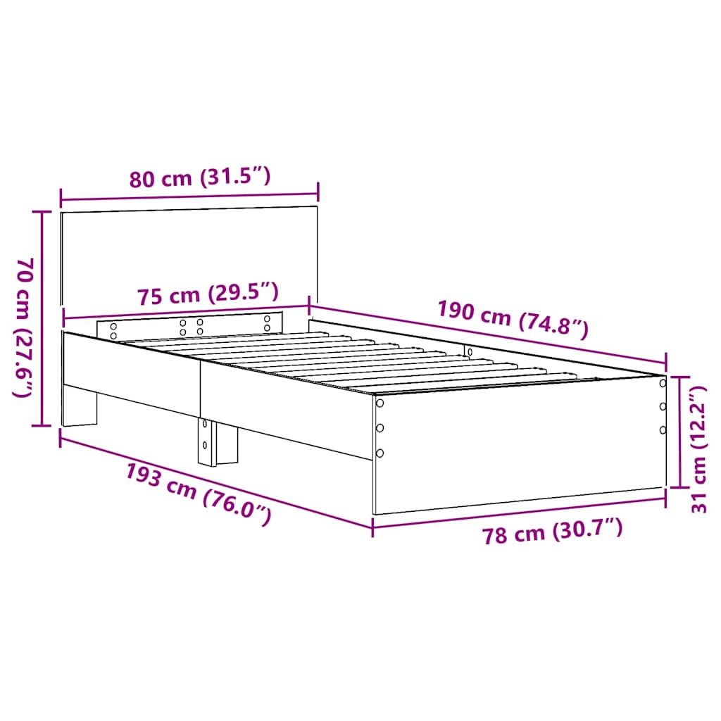Sengestel med hovedgærde Sort eg 75 x 190 cm Konstrueret træ