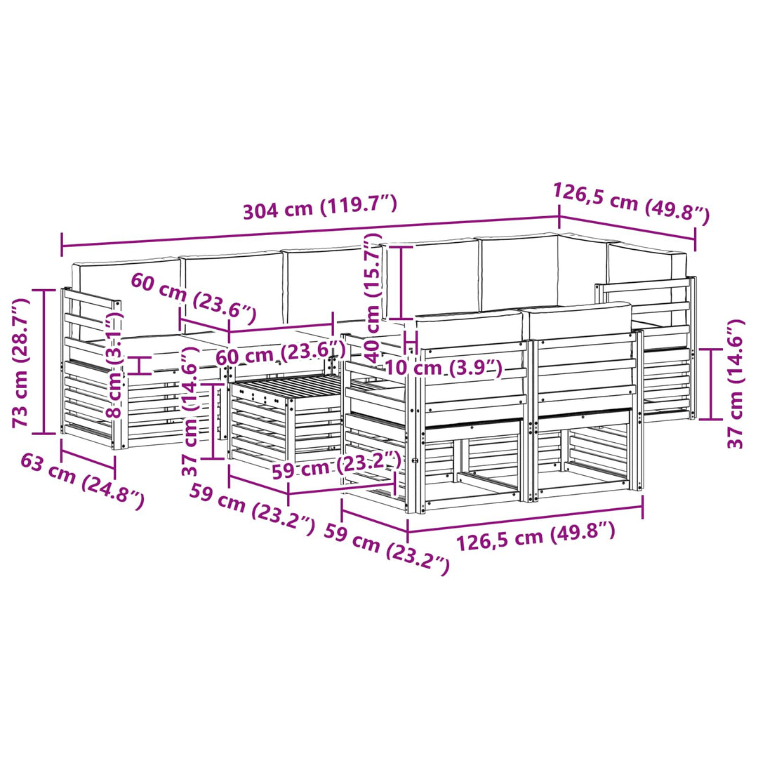 Sofasæt med pude 9 pcs Naturlig og Fløde Massivt Akacietræ