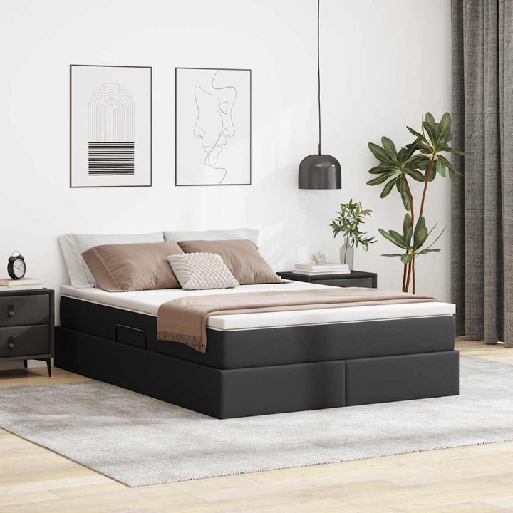 Seng med opbevaring og madras Sort 140 x 190 cm Faux læder
