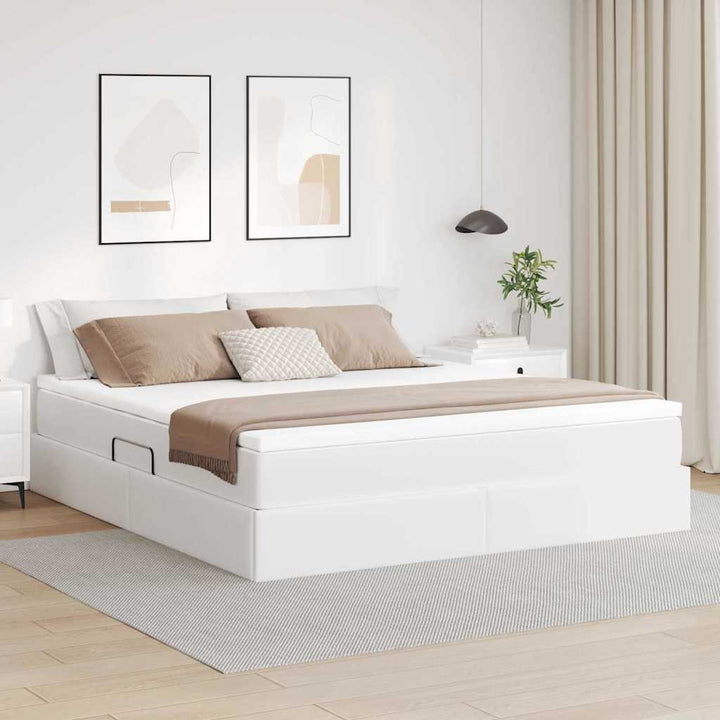 Seng med opbevaring og madras Hvid 180 x 200 cm Faux læder