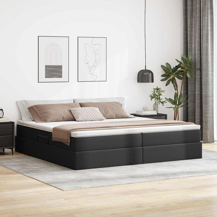Seng med opbevaring og madras Sort 200 x 200 cm Faux læder
