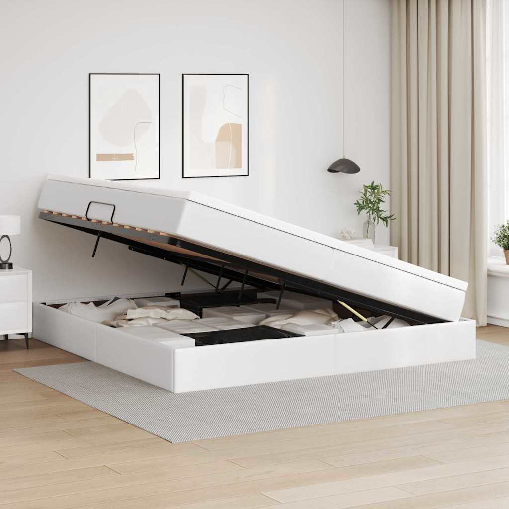 Seng med opbevaring og madras Hvid 200 x 200 cm Faux læder