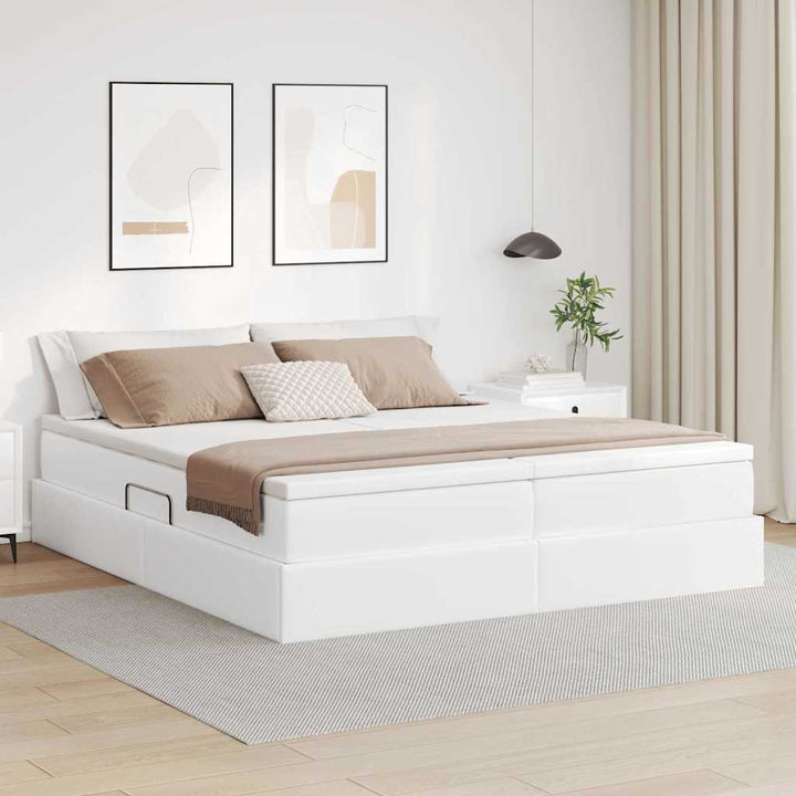 Seng med opbevaring og madras Hvid 200 x 200 cm Faux læder
