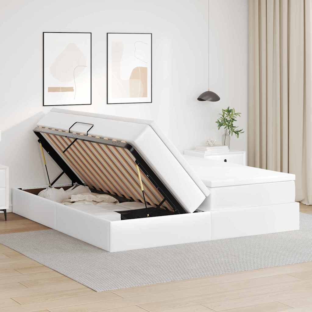 Seng med opbevaring og madras Hvid 200 x 200 cm Faux læder