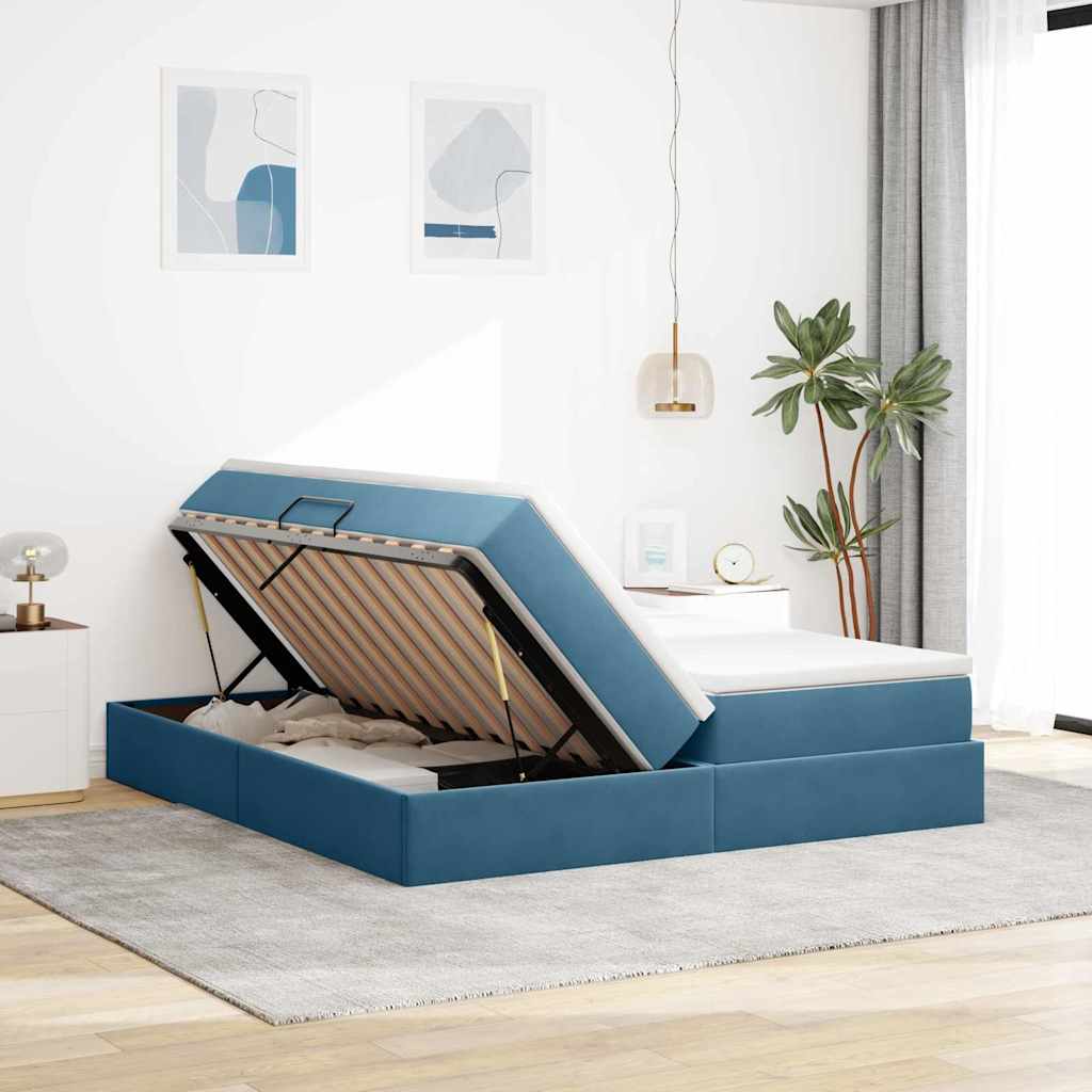 Seng med opbevaring og madras Mørk blå 200 x 200 cm Fløjl