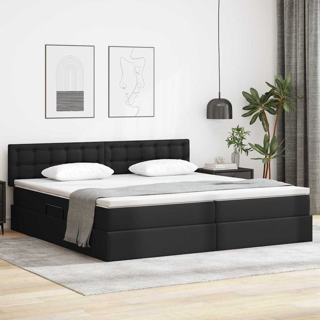 Seng med opbevaring og madras Sort 200 x 200 cm Faux læder