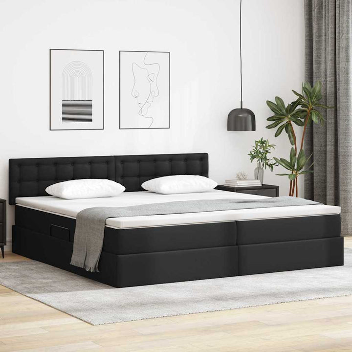 Seng med opbevaring og madras Sort 200 x 200 cm Faux læder