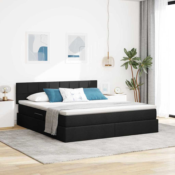 Seng med opbevaring og madras Sort 160 x 200 cm Konstrueret træ