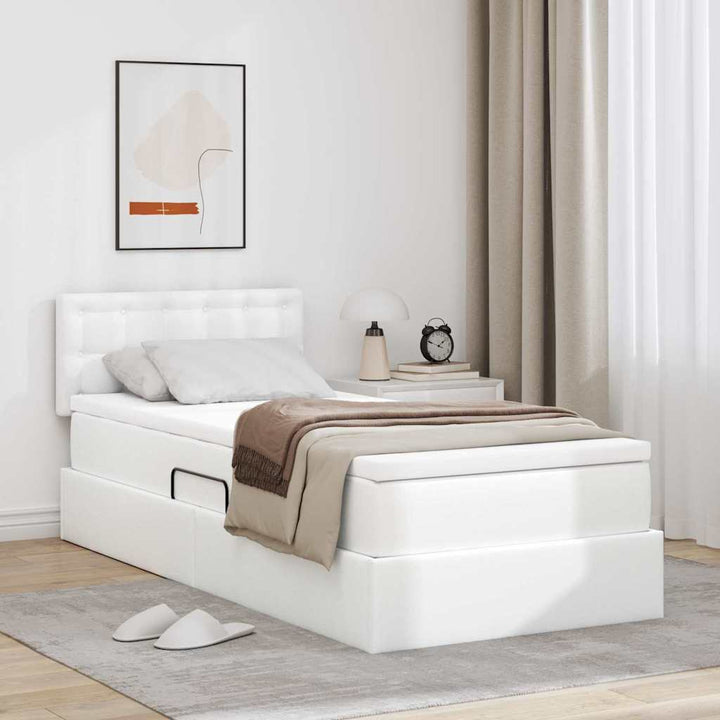 Seng med opbevaring og LED Ren Hvid 90 x 190 cm Faux læder