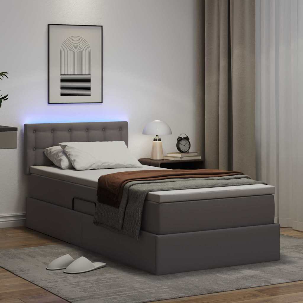 Seng med opbevaring og LED med LED Grå 90 x 190 cm Faux læder