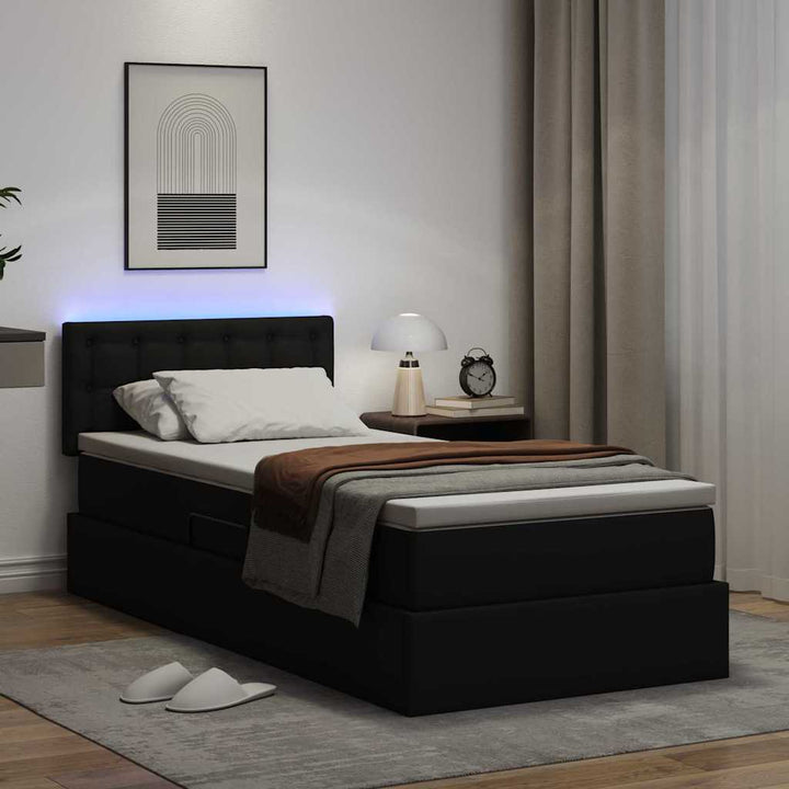 Seng med opbevaring og LED Sort 90 x 200 cm Faux læder