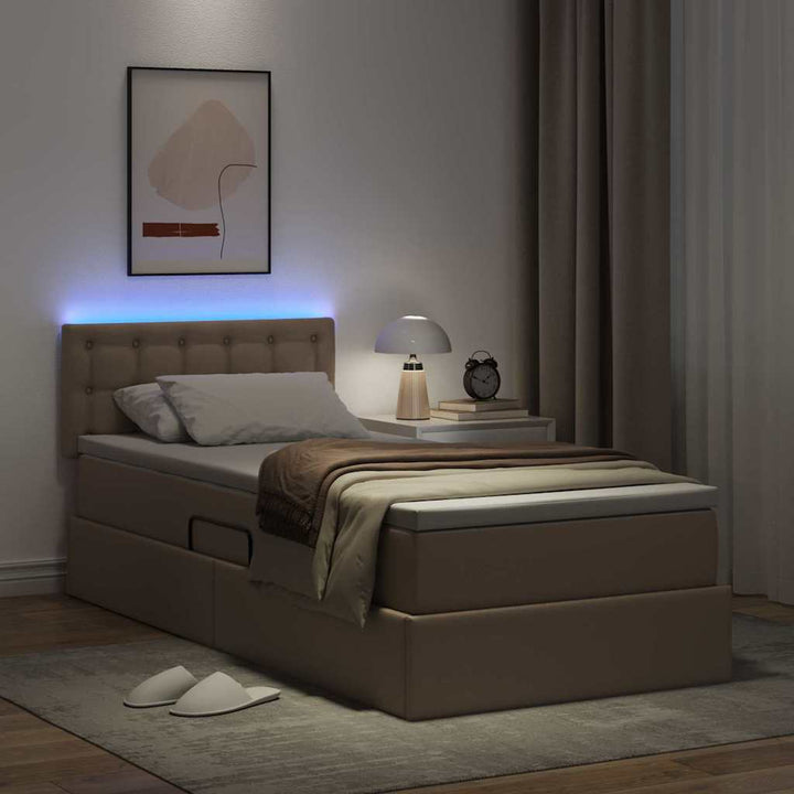 Seng med opbevaring og LED Cappuccino 90 x 200 cm Faux læder