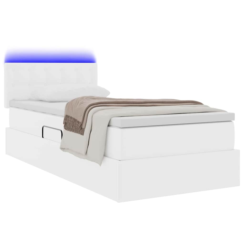 Seng med opbevaring og LED Ren Hvid 100 x 200 cm Faux læder