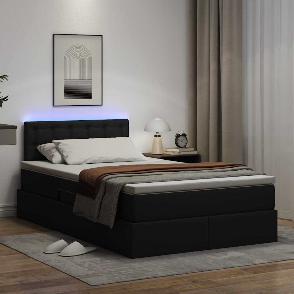 Seng med opbevaring og LED Sort 120 x 190 cm Faux læder