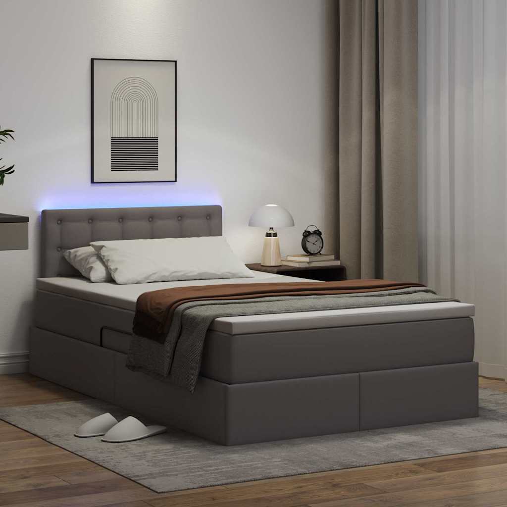 Seng med opbevaring og LED Grå 120 x 190 cm Faux læder