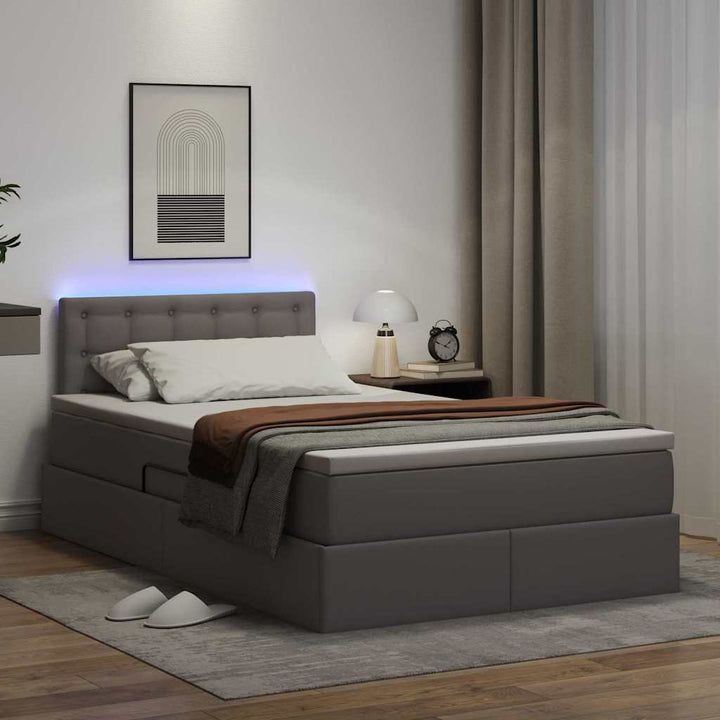 Seng med opbevaring og LED Grå 120 x 190 cm Faux læder
