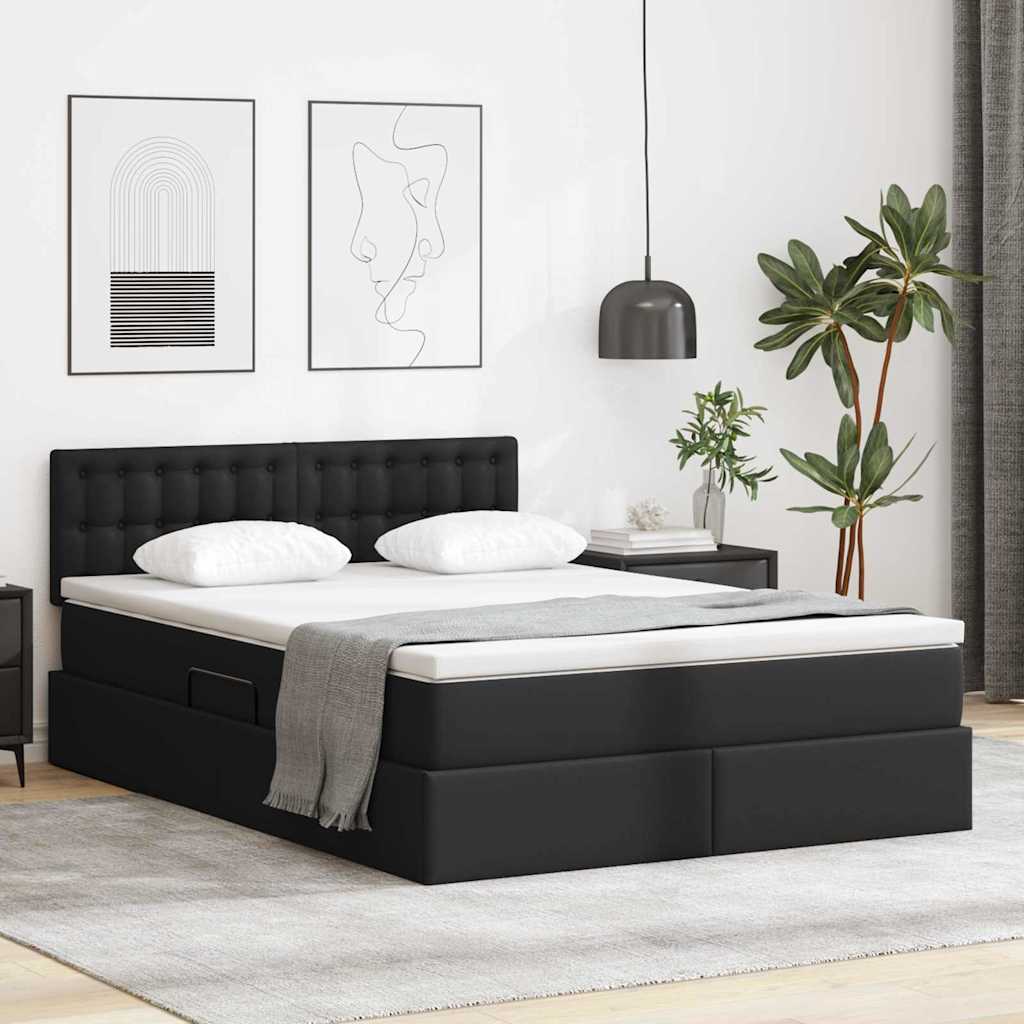 Seng med opbevaring og LED med LED Sort 140 x 190 cm Faux læder