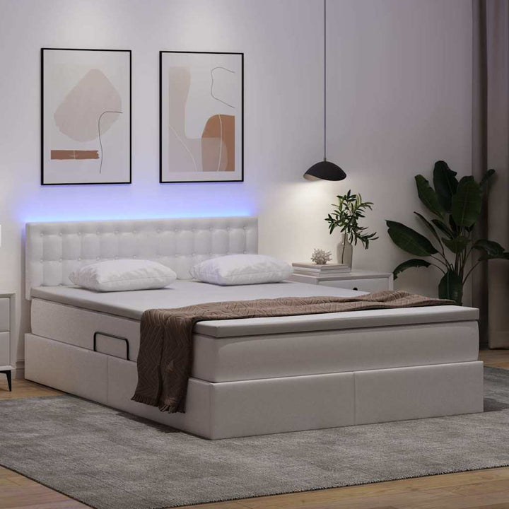 Seng med opbevaring og LED Ren Hvid 140 x 190 cm Faux læder