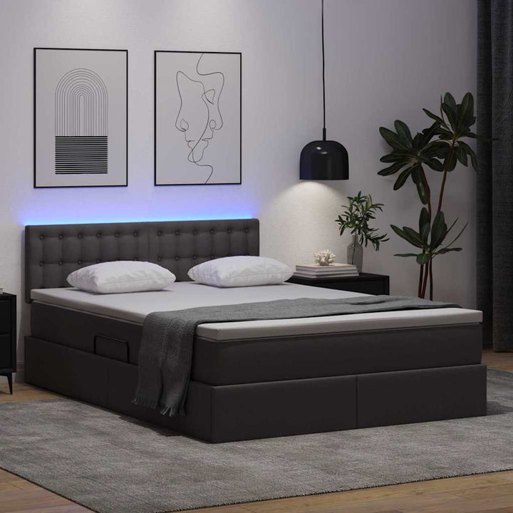 Seng med opbevaring og LED med LED Grå 140 x 190 cm Faux læder