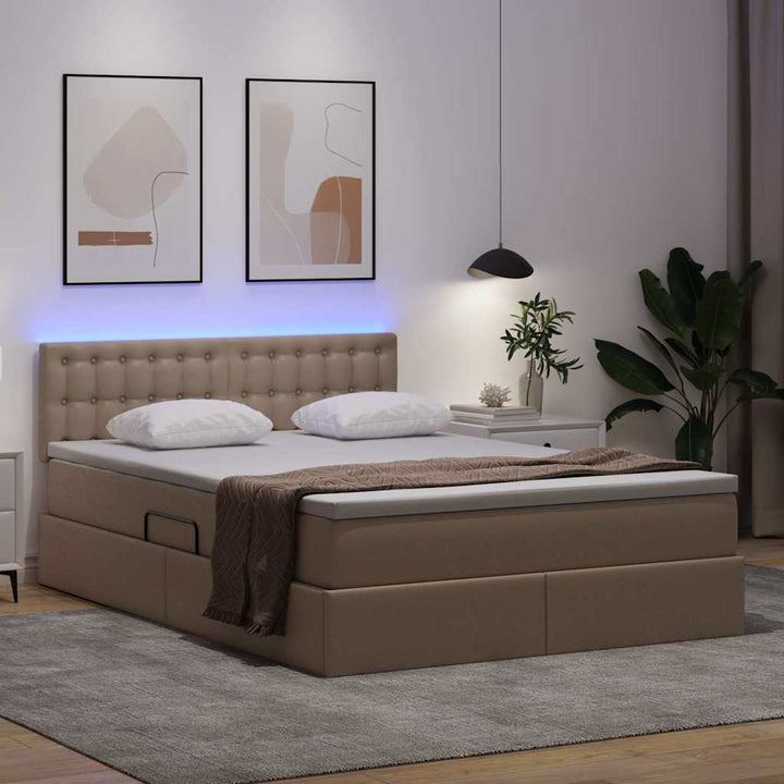 Seng med opbevaring og LED Cappuccino 140 x 190 cm Faux læder