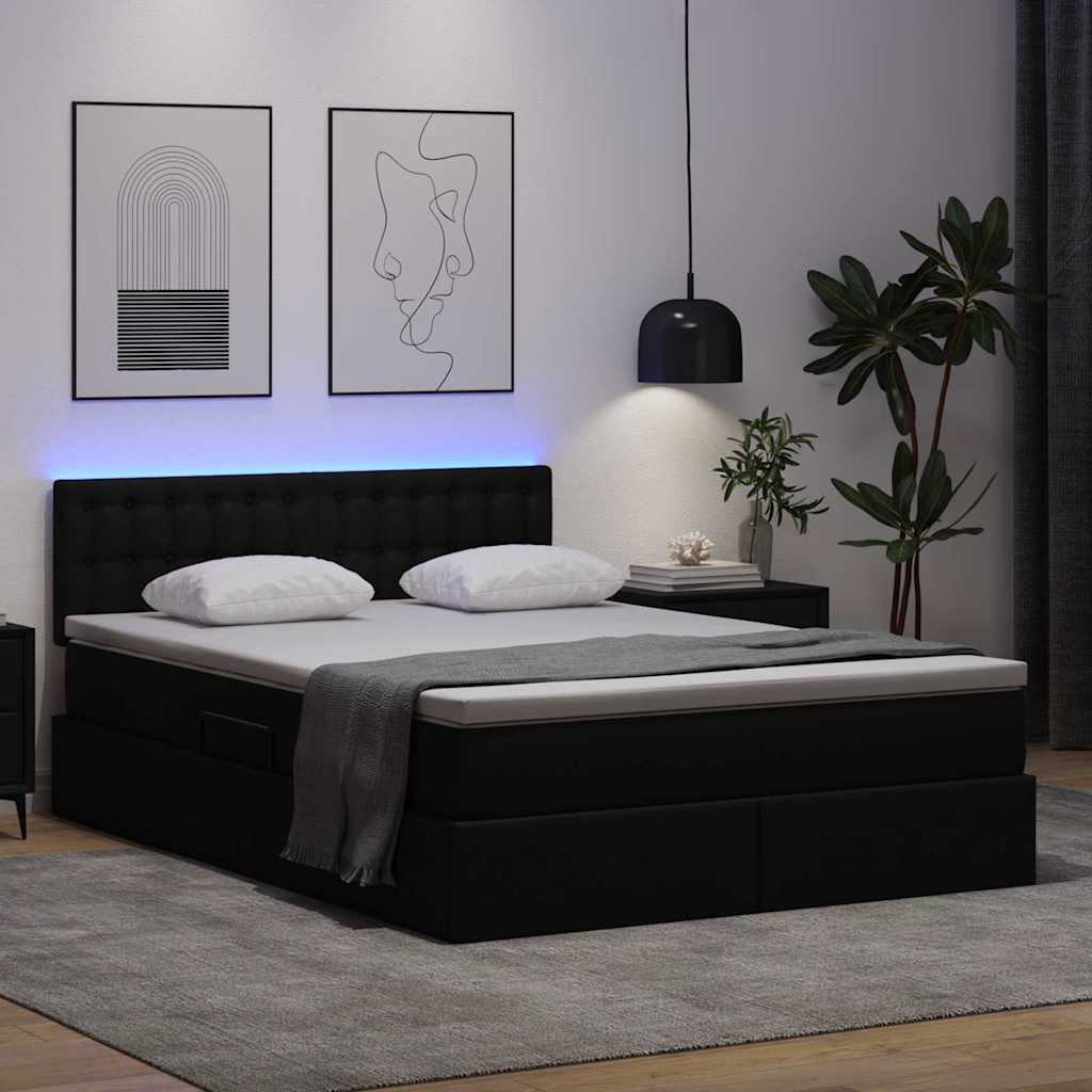 Seng med opbevaring og LED med LED Sort 140 x 200 cm Faux læder