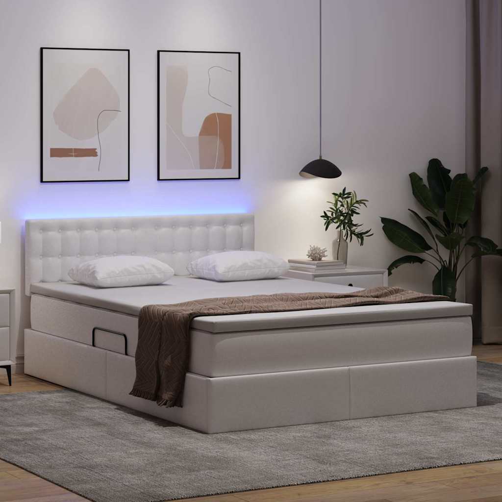 Seng med opbevaring og LED Ren Hvid 140 x 200 cm Faux læder