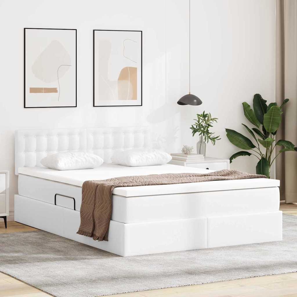 Seng med opbevaring og LED Ren Hvid 140 x 200 cm Faux læder