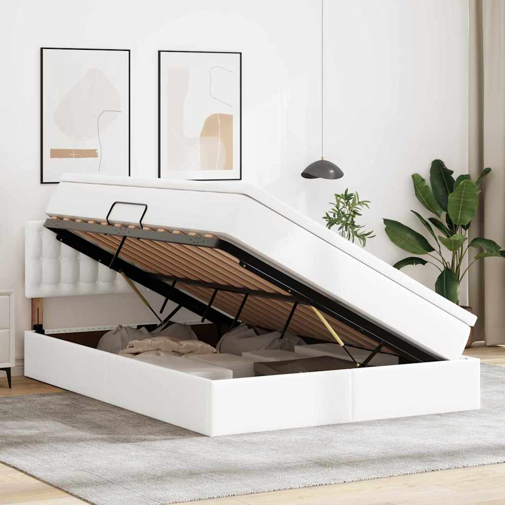 Seng med opbevaring og LED Ren Hvid 140 x 200 cm Faux læder