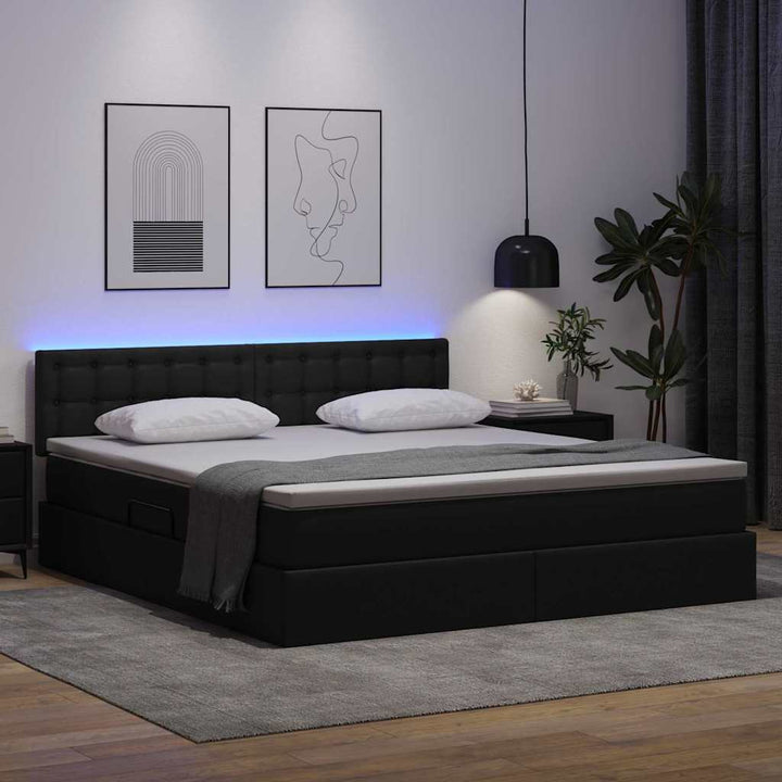 Seng med opbevaring og LED med LED Sort 160 x 200 cm Faux læder