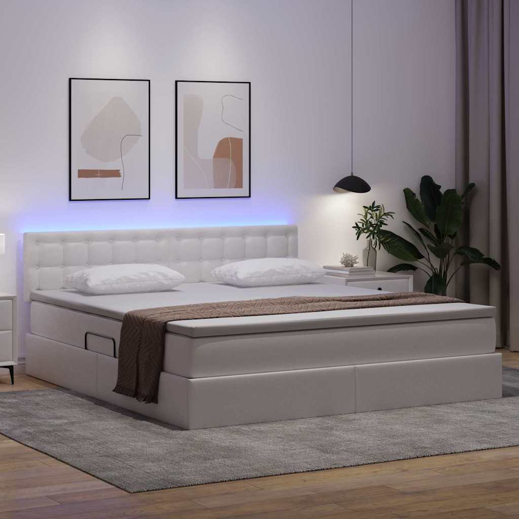 Seng med opbevaring og LED Ren Hvid 160 x 200 cm Faux læder