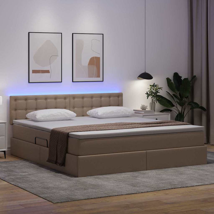 Seng med opbevaring og LED Cappuccino 160 x 200 cm Faux læder