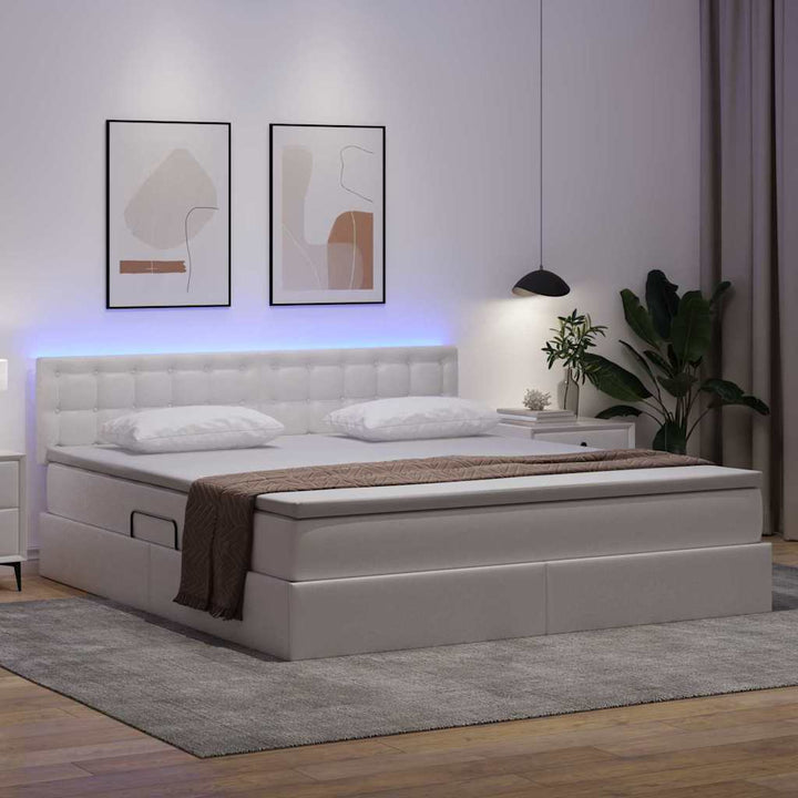 Seng med opbevaring og LED Ren Hvid 180 x 200 cm Faux læder