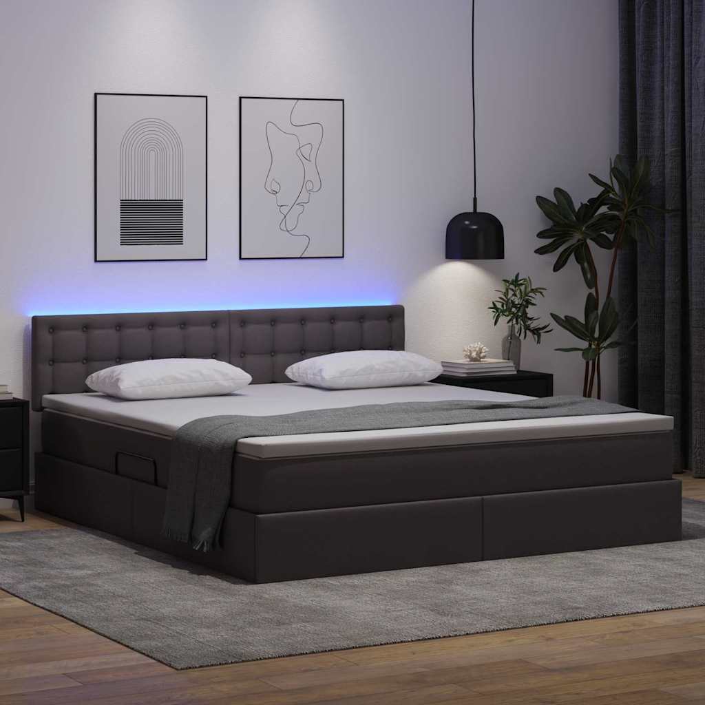 Seng med opbevaring og LED med LED Grå 180 x 200 cm Faux læder