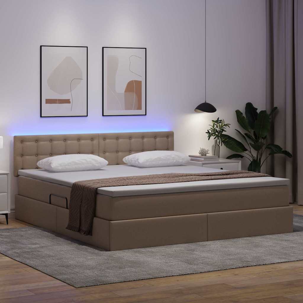 Seng med opbevaring og LED Cappuccino 180 x 200 cm Faux læder