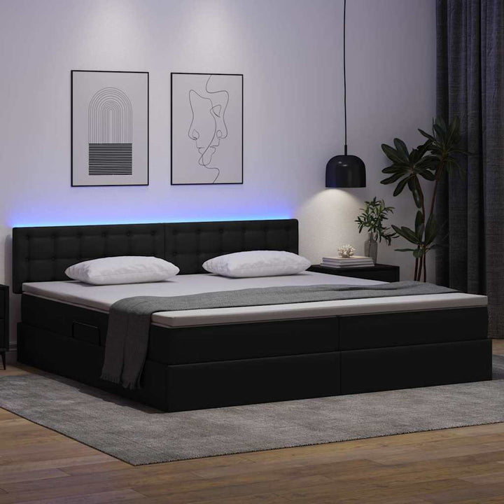 Seng med opbevaring og LED Lysegrå 200 x 200 cm Faux læder