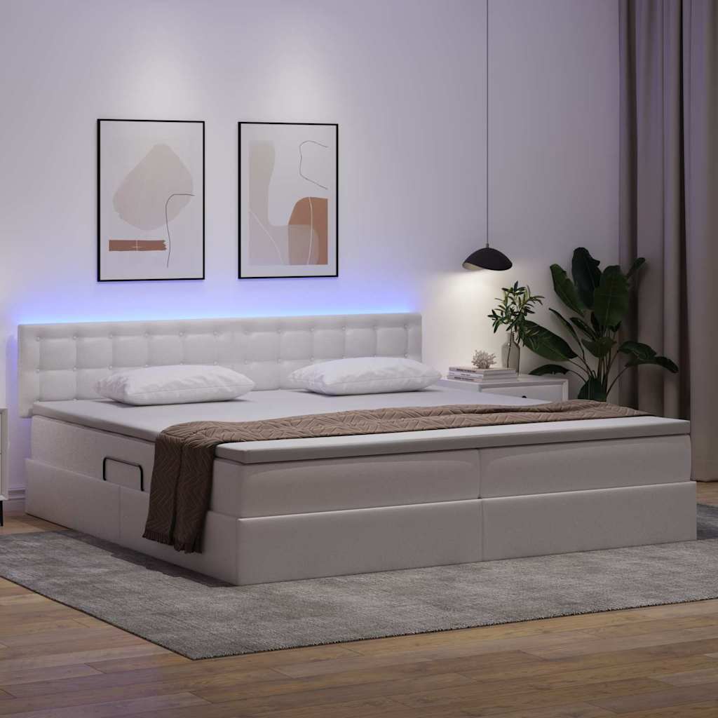 Seng med opbevaring og LED Lysegrå 200 x 200 cm Faux læder