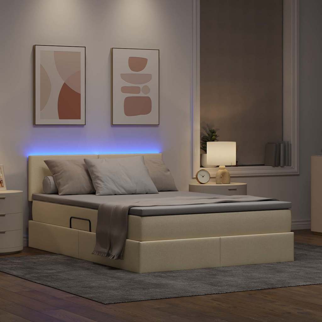 Seng med opbevaring og LED med madras Creme 140 x 200 cm Stof